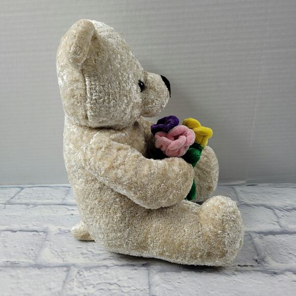 Sweet Silky Soft Plush Teddy Bear Holds Bouquet of Flowers - Picture 2 of 13